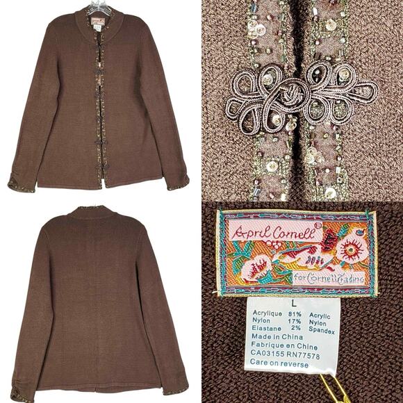 April Cornell Sweaters - April Cornell Sweater Cardigan Brown Beaded Women’s Size Large L New